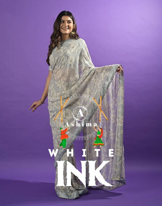 Ashima White Ink Fancy Wear Printed Wholesale Georgette Sarees Catalog